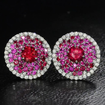 6ctw Pink Sapphire and Ruby Clustered Flower Stud Earrings