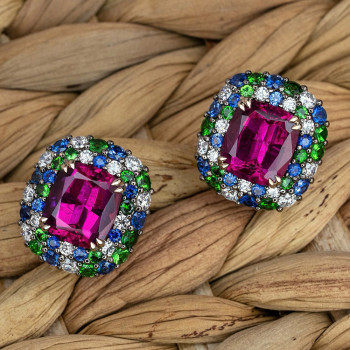12ctw Cushion Cut Fuchsia Sapphire Halo Stud Earrings
