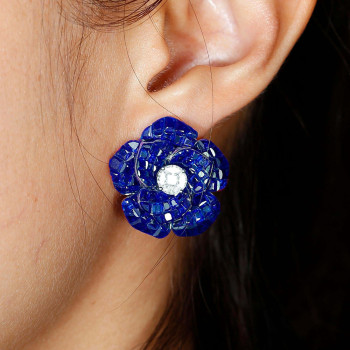 30ctw Invisibly Set Blue Sapphire Flower Stud Earrings