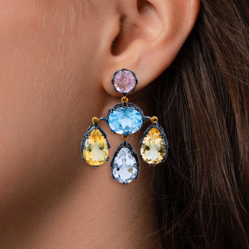40ctw Multicolor Sapphire Two Tone Drop Earrings