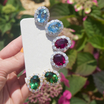 16ctw Oval Cut Multicolor Sapphire Classic Halo Stud Earrings