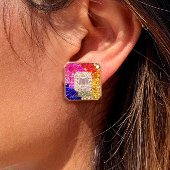 12ctw Invisibly-set Multicolor Sapphire Rainbow Stud Earrings