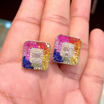 12ctw Invisibly-set Multicolor Sapphire Rainbow Stud Earrings