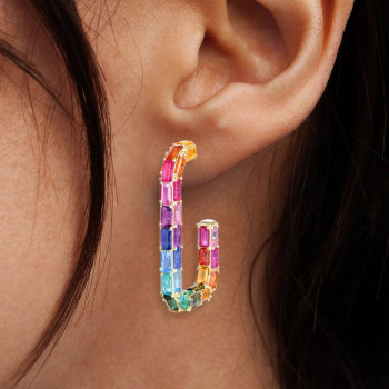 16ctw Multicolor Sapphire Rainbow Paperclip Link Hoop Earrings