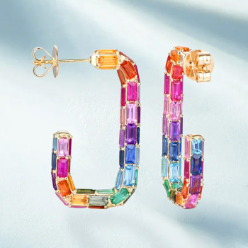16ctw Multicolor Sapphire Rainbow Paperclip Link Hoop Earrings