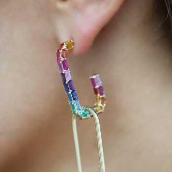 16ctw Multicolor Sapphire Rainbow Paperclip Link Hoop Earrings
