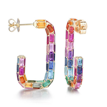 16ctw Multicolor Sapphire Rainbow Paperclip Link Hoop Earrings