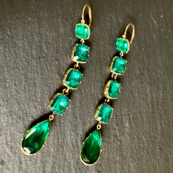 30ctw Pear and Cushion Cut Emerald Vintage Drop Earrings