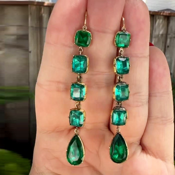 30ctw Pear and Cushion Cut Emerald Vintage Drop Earrings