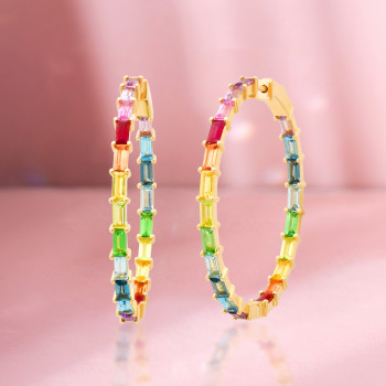 5ctw Baguette Cut Multicolor Sapphire Rainbow Hoop Earrings