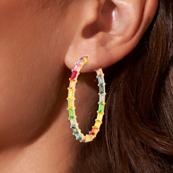 5ctw Baguette Cut Multicolor Sapphire Rainbow Hoop Earrings
