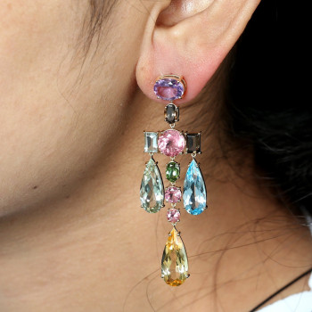 46ctw Multi-cut Multicolor Sapphire Large Statement Earrings