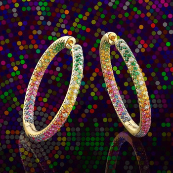 6.5ctw Multicolor Sapphire Paved Rainbow Hoop Earrings