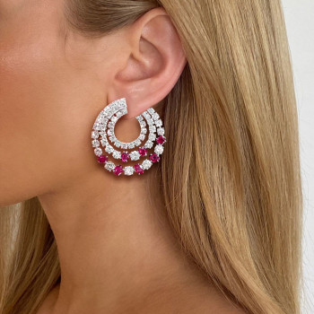 6.25ct Round Cut Ruby & White Sapphire Swirl Earrings