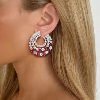 6.25ct Round Cut Ruby & White Sapphire Swirl Earrings