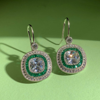 Art Deco Created Emerald Sapphire Target Drop Earrings