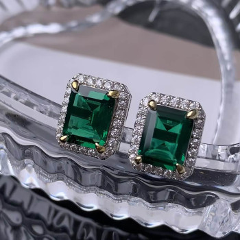 3.55ct Halo Emerald-cut Emerald Stud Earrings