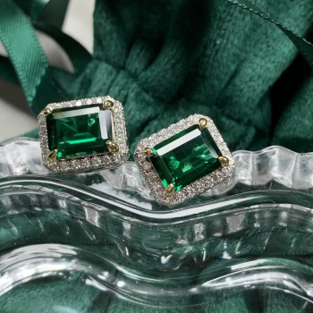 3.55ct Halo Emerald-cut Emerald Stud Earrings