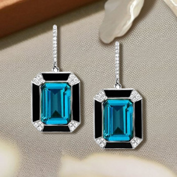 6ct Emerald Cut Blue Topaz Sapphire Drop Earrings