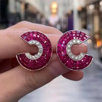  6.25ct Art Deco Invisible Ruby & White Sapphire Swirl Earrings 