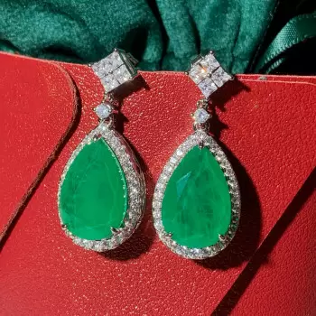 18ctw Pear Cut Emerald Halo Drop Earrings
