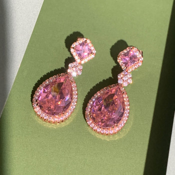 25ctw Pear Cut Pink Sapphire Halo Drop Earrings in Rose Gold
