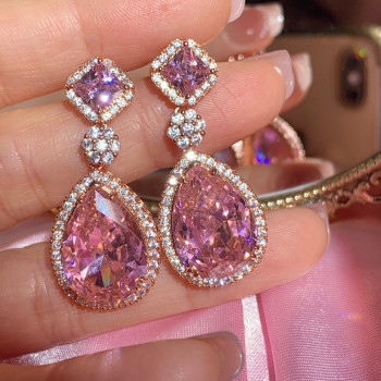 25ctw Pear Cut Pink Sapphire Halo Drop Earrings in Rose Gold
