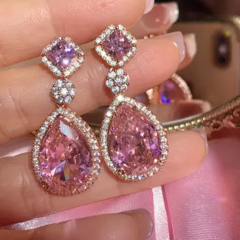 25ctw Pear Cut Pink Sapphire Halo Drop Earrings in Rose Gold