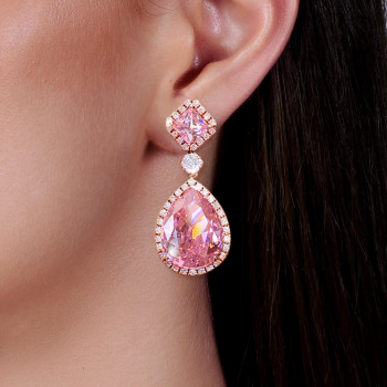 25ctw Pear Cut Pink Sapphire Halo Drop Earrings in Rose Gold