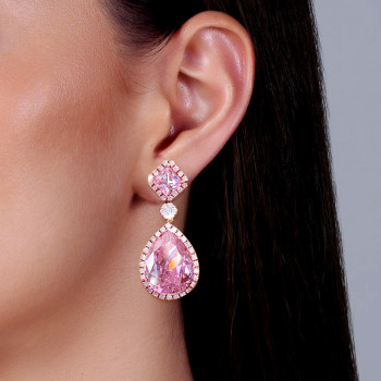 25ctw Pear Cut Pink Sapphire Halo Drop Earrings in Rose Gold