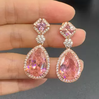 25ctw Pear Cut Pink Sapphire Halo Drop Earrings in Rose Gold