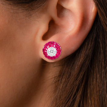White Sapphire and Ruby Vintage Stud Earrings