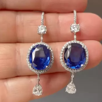 9ct Oval Cut Blue Sapphire Halo Drop Earrings