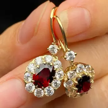 Oval Cut Garnet/Amethyst Drop Earrings In Gold