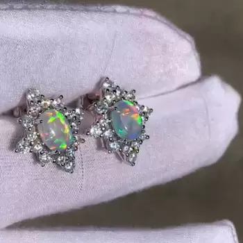 Vintage Halo Oval Cut White Opal Stud Earrings