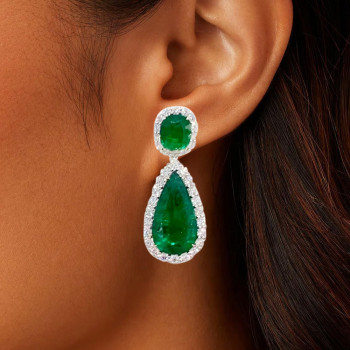 20ctw Halo Pear Cut Emerald Drop Earrings