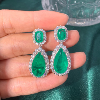 20ctw Halo Pear Cut Emerald Drop Earrings