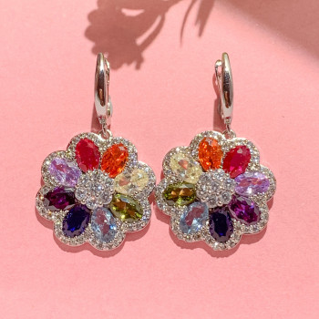 26ctw Oval Cut Multicolor Sapphire Rainbow Flower Drop Earrings