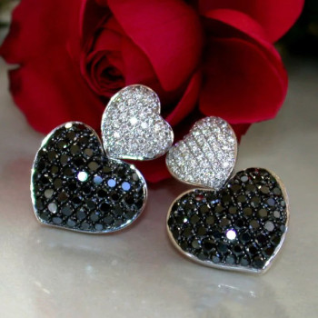 Paved White-Black Sapphire Heart Earrings