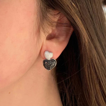 Paved White-Black Sapphire Heart Earrings