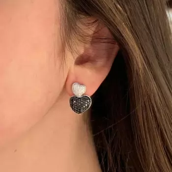 Paved White-Black Sapphire Heart Earrings