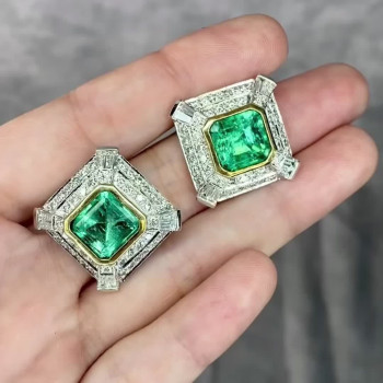 Vintage Halo Asscher Cut Emerald Stud Earrings