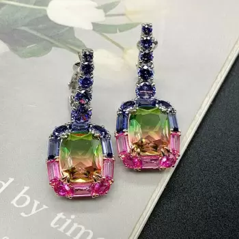 16ctw Halo Cushion Cut Bicolor Tourmaline Drop Earrings