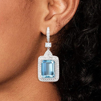 18ctw Emerald Cut Aquamarine Art-deco Drop Earrings