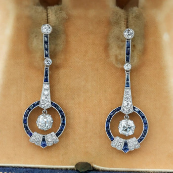 9ctw White and Blue Sapphire Art Deco Drop Earrings
