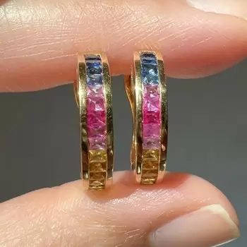 Princess Cut Rainbow Sapphire Huggie Earrings