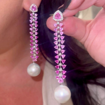 14MM Pearl Trilliant Pink Sapphire Statement Earrings