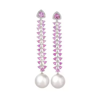 14MM Pearl Trilliant Pink Sapphire Statement Earrings