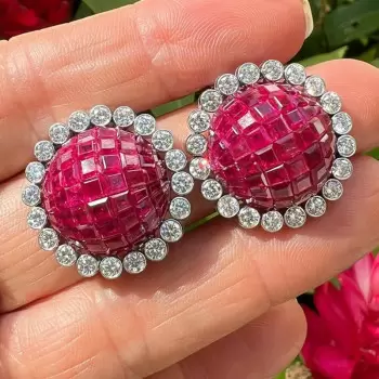 26ctw Invisibly-Set Ruby Halo Vintage Clip Earrings