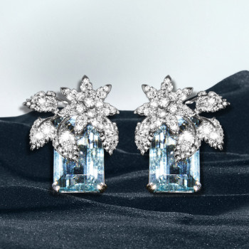 16ctw Emerald Cut Aquamarine Flower Cluster Stud Earrings